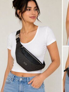 GUESS Black Monogram Belt Bag Fanny Pack Crossbody Sling Adjustable Logo